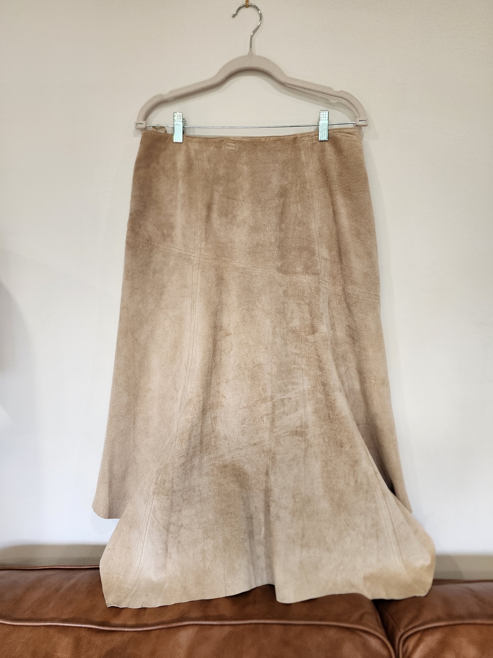 Beige 100% Leather Shell Midi Skirt